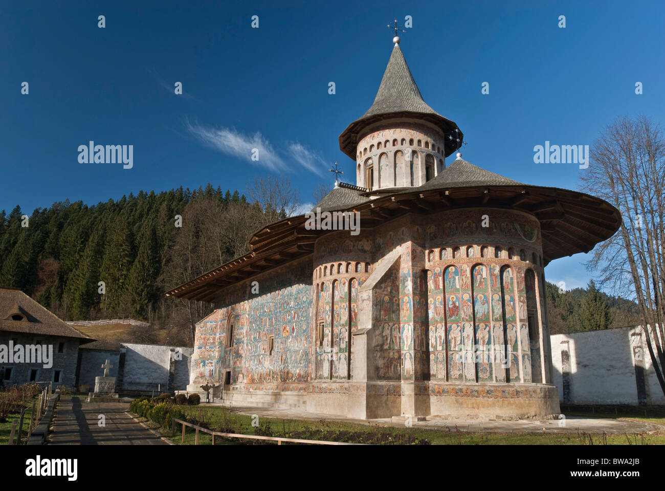 Voronet. Uno dei monasteri dipinti della Bucovina, la Romania, l'Europa. Foto Stock