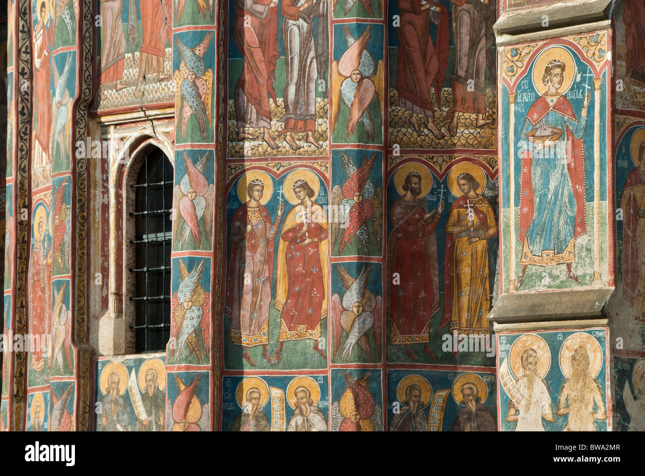 Gli affreschi dei monasteri dipinti della Bucovina, la Romania, l'Europa. Foto Stock