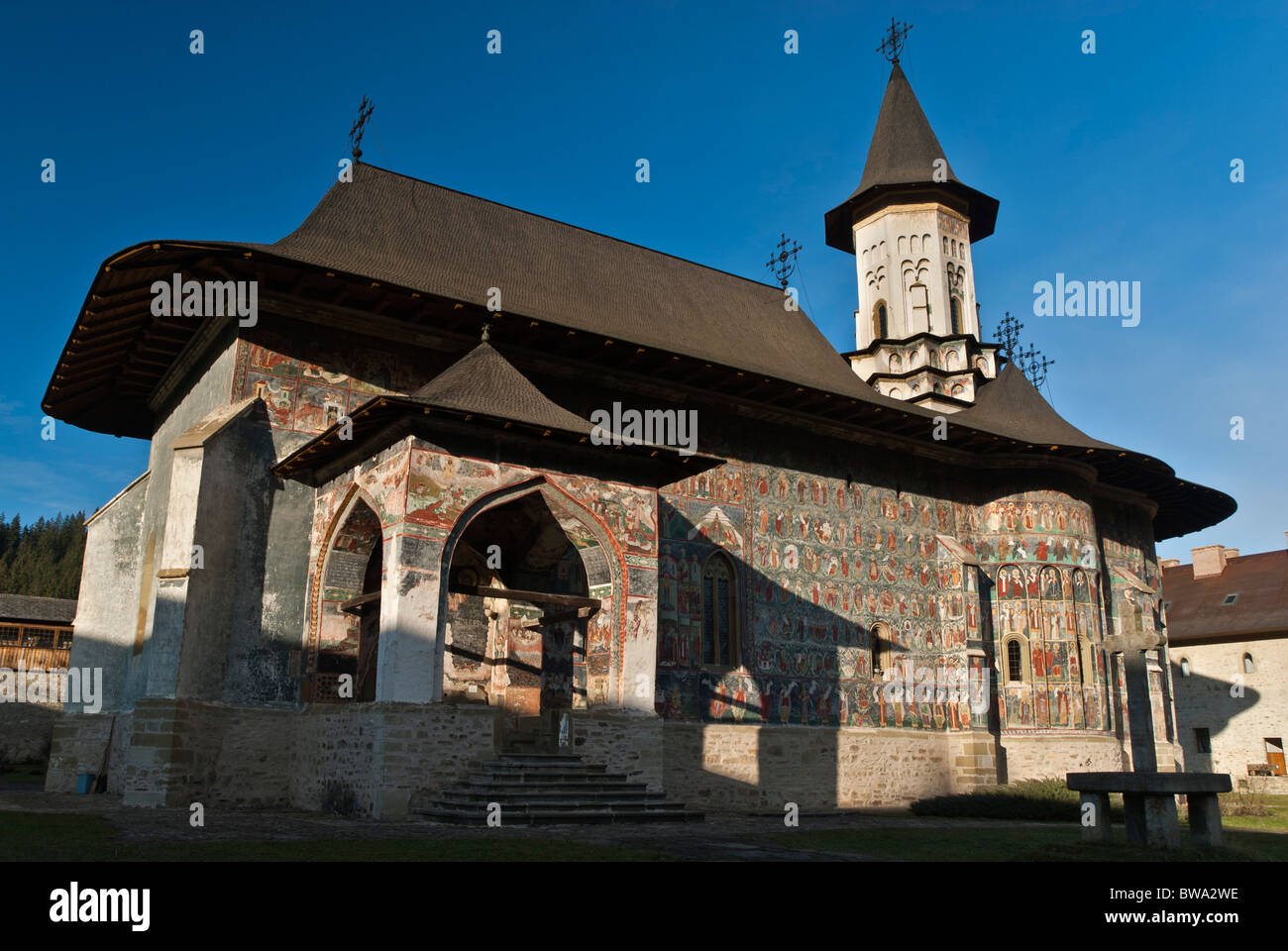 Sucevita. Uno dei monasteri dipinti della Bucovina, la Romania, l'Europa. Foto Stock