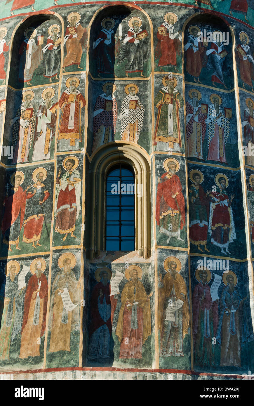 Gli affreschi dei monasteri dipinti della Bucovina, la Romania, l'Europa. Foto Stock