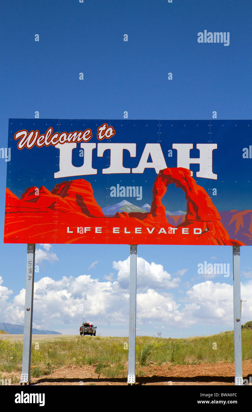 Benvenuto a Utah cartello stradale lungo U.S. Route 491 est di Montecello, Utah, Stati Uniti d'America. Foto Stock