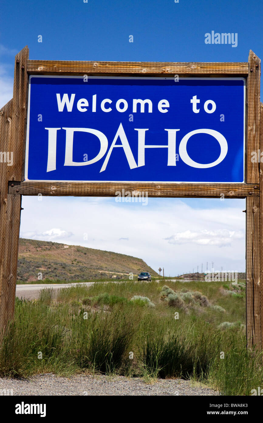 Benvenuto a Idaho cartello stradale negli Stati Uniti. Route 93 a Jackpot, Nevada, Stati Uniti d'America. Foto Stock