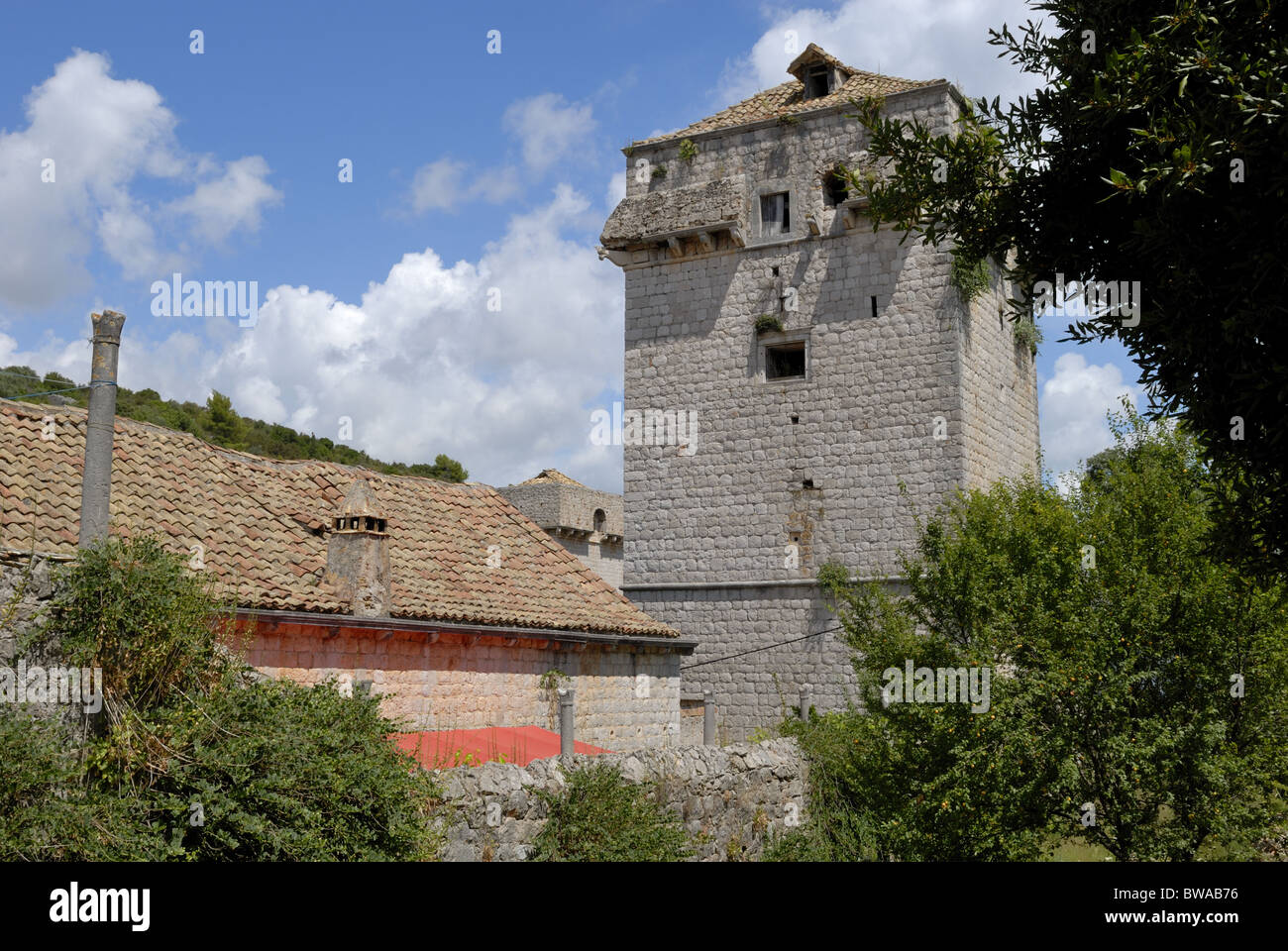 Una bella vista della torre del castello rinascimentale della famiglia Stjepovic-Skocibuha, costruito nel XVI secolo in Sudurad Foto Stock