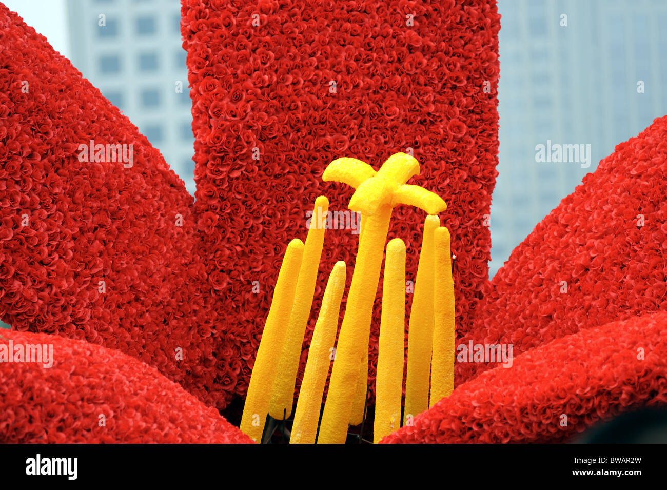 Enorme artificiale fiore kapok fatta di molte rose rosse Foto Stock