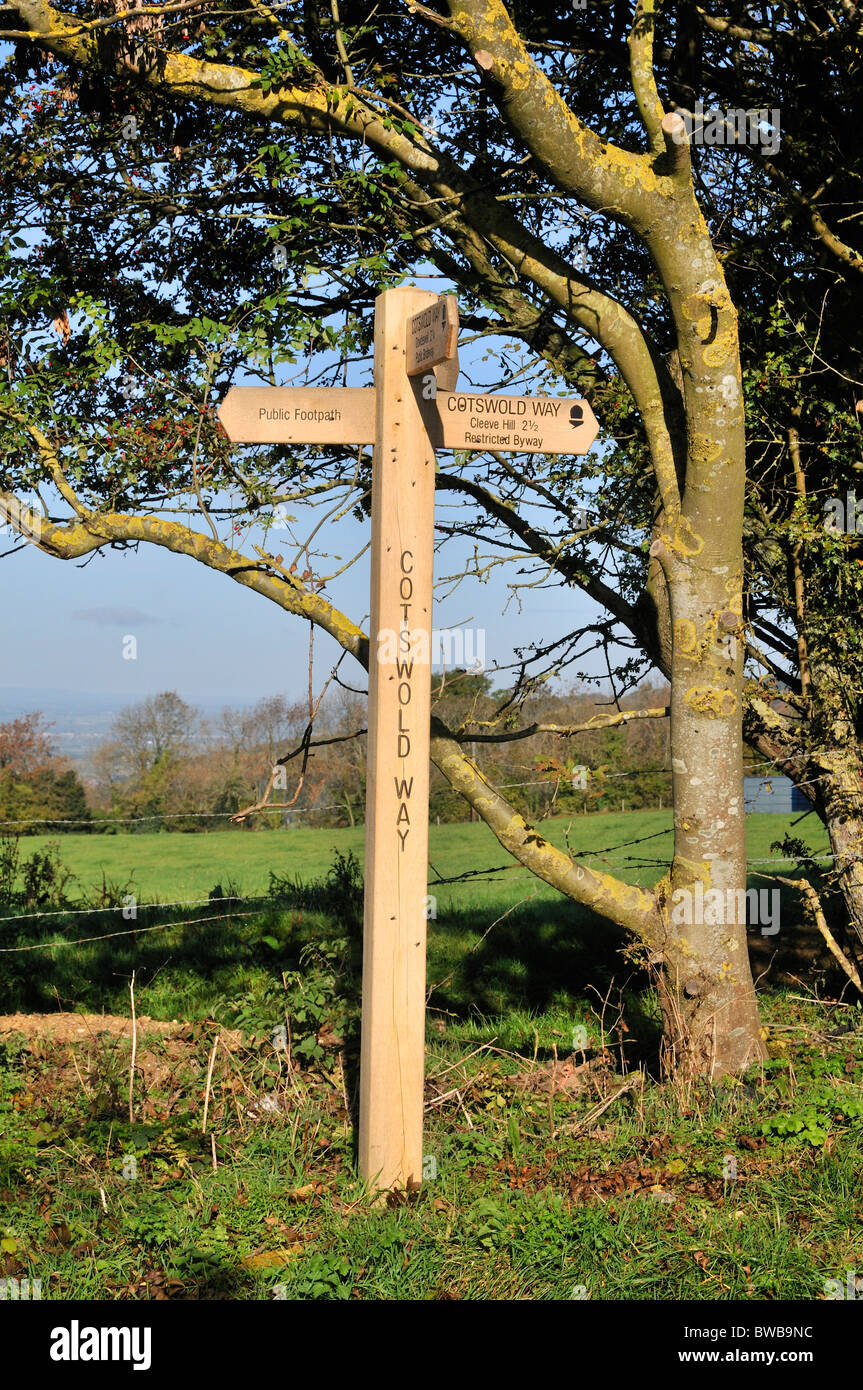 Un sentiero segnaletica in Cotswolds, Gloucestershire, Regno Unito Foto Stock