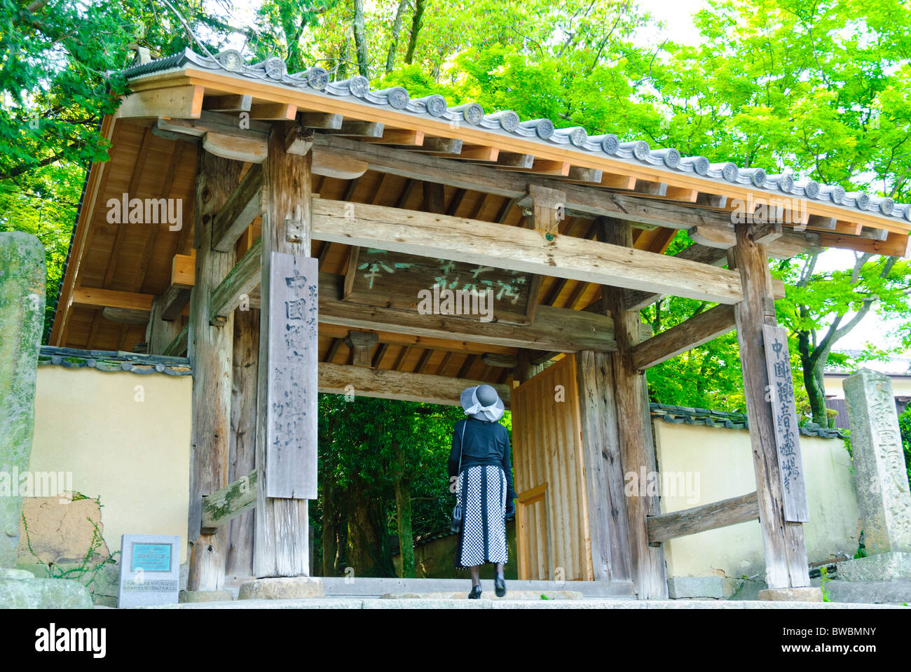 Una donna giapponese guarda fino all'imponente cancello di ingresso di un tempio della foresta. Foto Stock