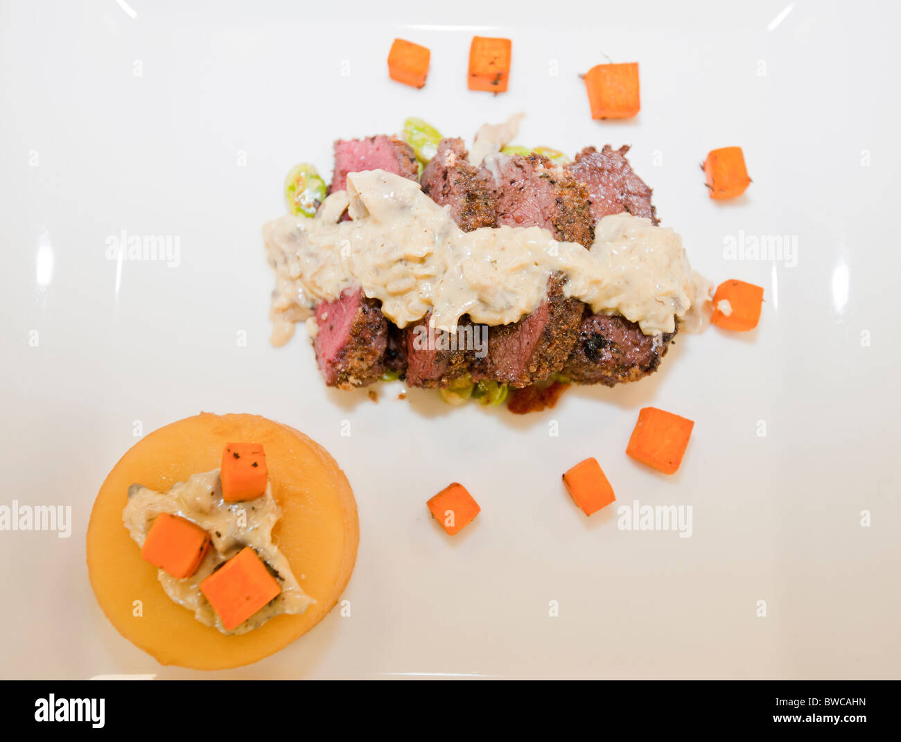 Un piatto preparato da studenti di catering da Kendal College, Cumbria, Regno Unito, utilizzando carne di cervo selvatico Foto Stock