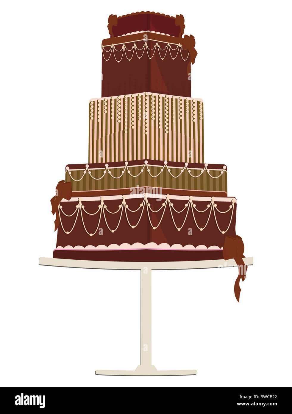 Illustrazione di un multistrato di fantasia torta al cioccolato con glassa decorativa e archi su una torta di stand Foto Stock