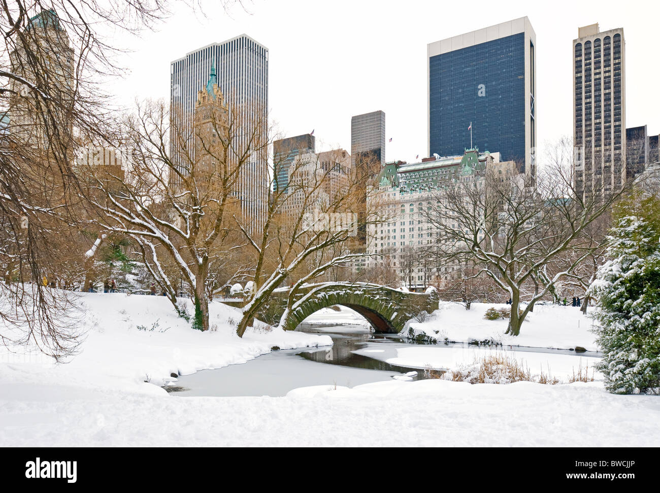 In inverno la neve nel Central Park di New York City con l'Hotel Plaza e Central Park South Skyline. Foto Stock