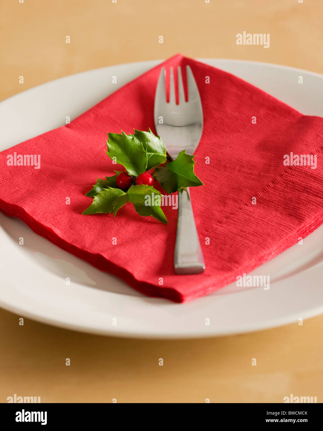 Stati Uniti d'America, Illinois, Metamora, piastra con red igienico, forcella e holly su tavola Foto Stock