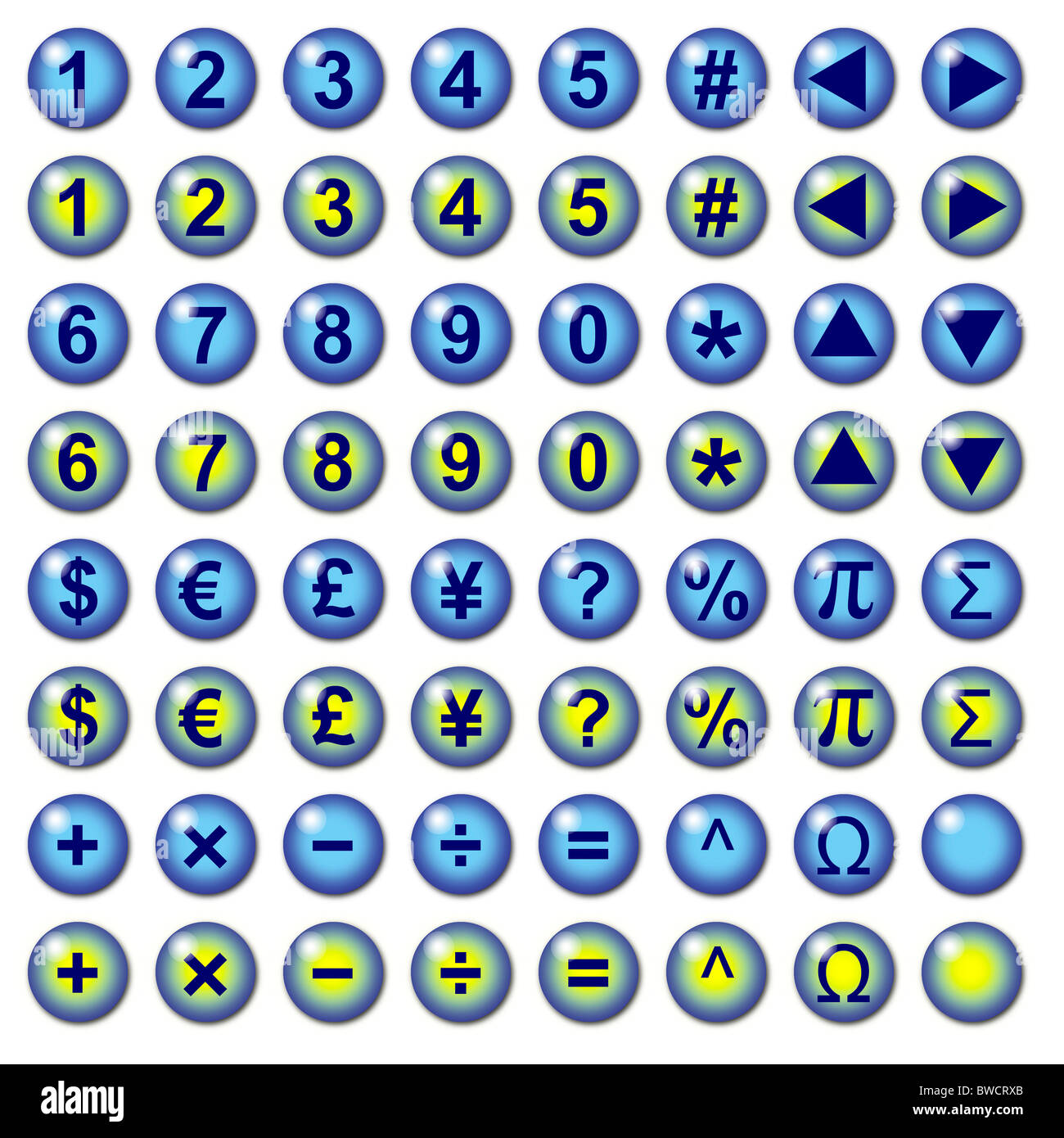 Blue interfaccia grafica dei pulsanti con numero valuta e operazione matematica simboli di utilizzare per il web. Parte di un set. Foto Stock