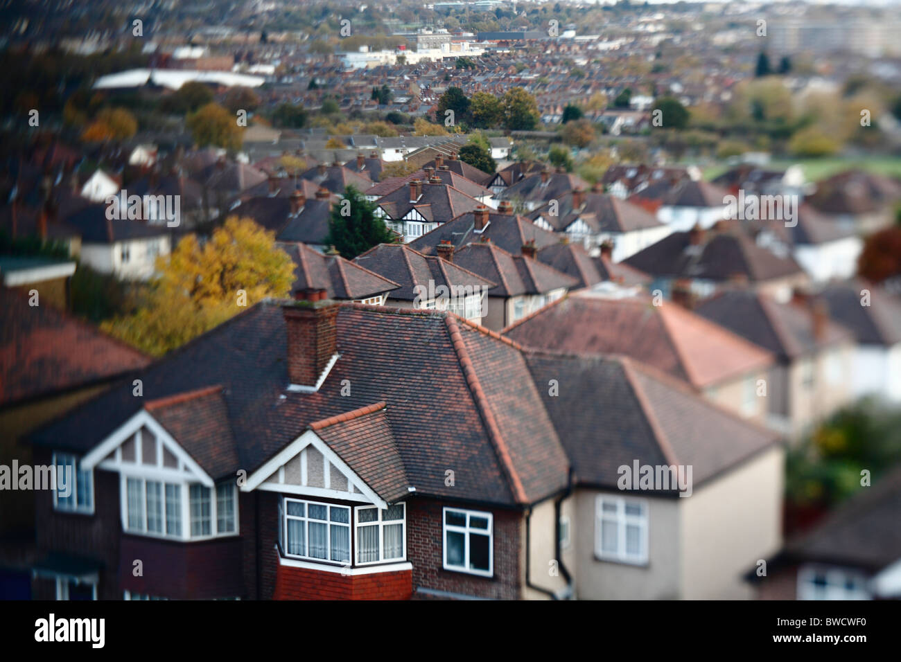 Vista da Dollis Hill Lane Londra Tilt Shift lente utilizzata Foto Stock