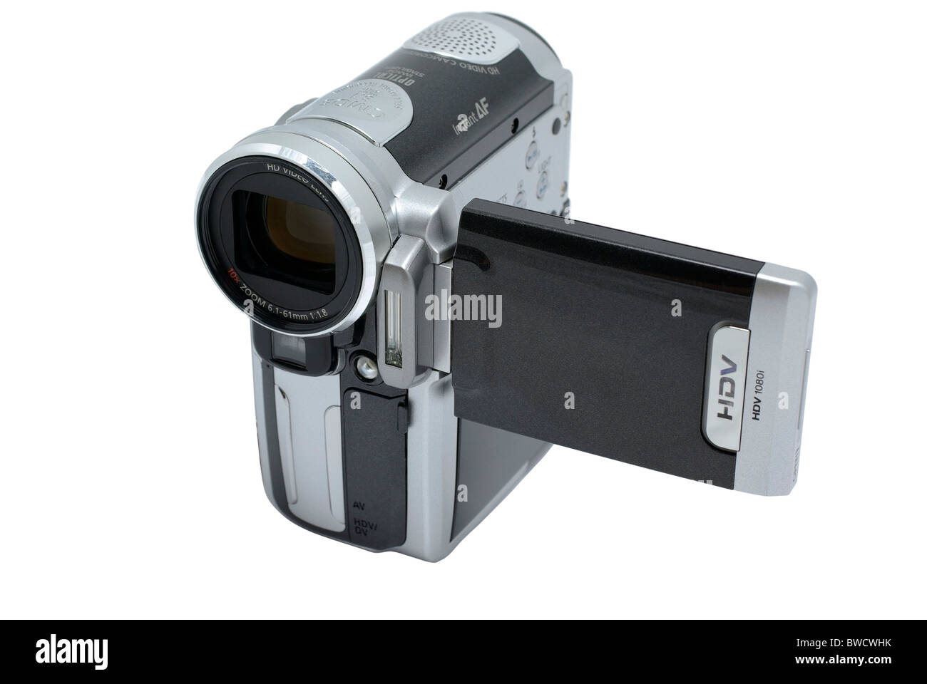 Piccolo video HDV per fotocamera di grande formato in isolati su sfondo bianco. Foto Stock