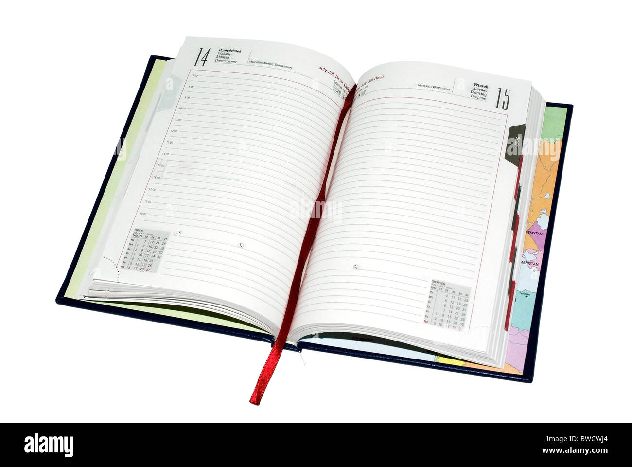 Ordine del giorno aperto con pagine vuote per il tuo design isolato su bianco. Foto Stock