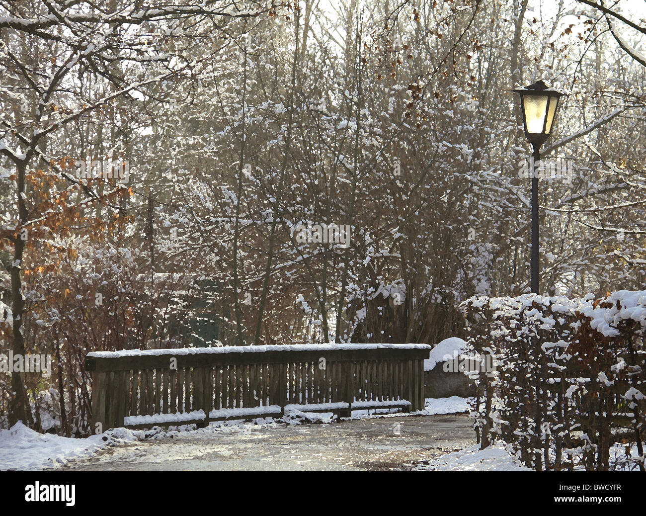 Inverno in Baviera, romantico ponte e lampioni nel bosco con neve Foto Stock