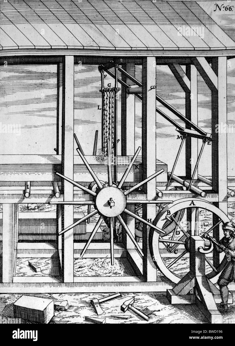 Illustrazione da Theatrum Machinarum Novum 1661 di Georg Andreas Böckler; una mano sega a gomito con lame tripla Foto Stock