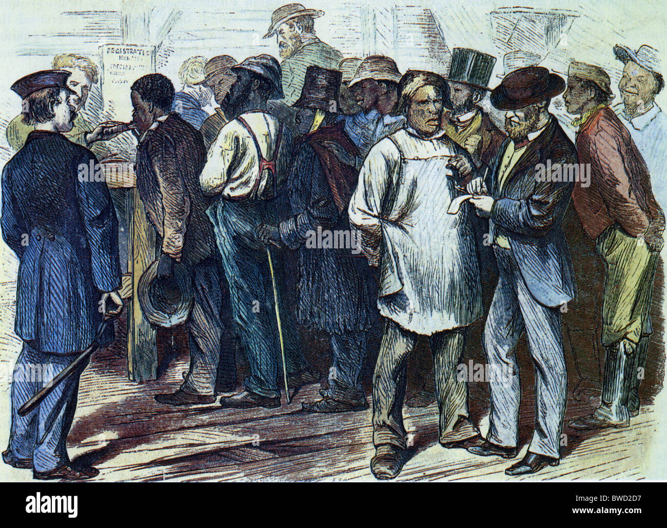 Gli schiavi liberati votando la registrazione di voto nella prima elezione comunale dopo la Guerra Civile Americana Foto Stock