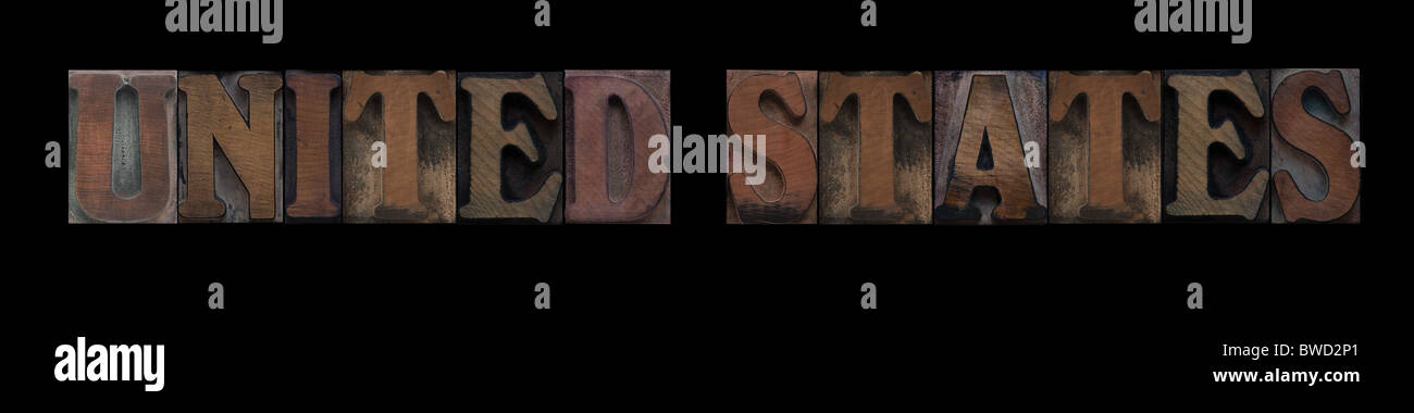 Le parole degli Stati Uniti nel vecchio rilievografia tipo legno Foto Stock