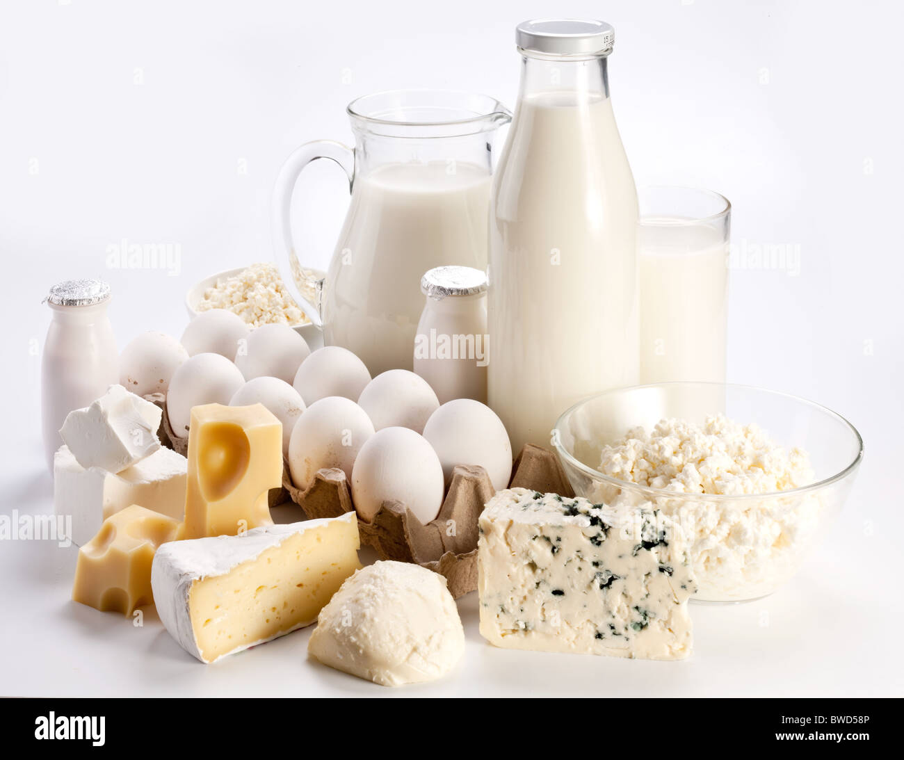 Prodotti proteici: formaggio, panna, latte, uova. Su uno sfondo bianco. Foto Stock