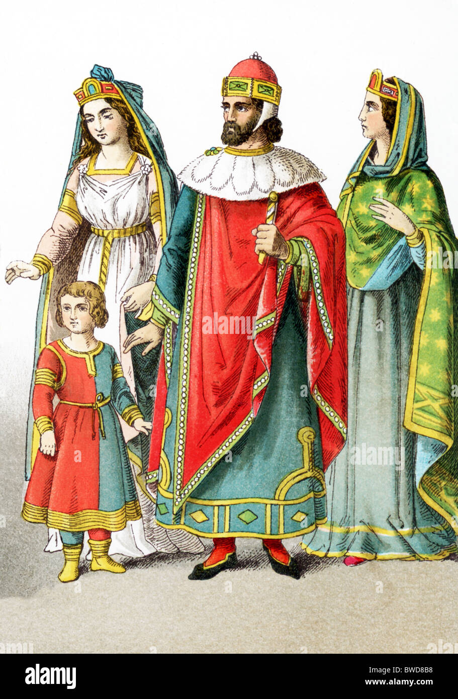 Dei nobili veneziani intorno A.D. 1200: un veneziano lady di rango con un ragazzo di un doge di Venezia, una signora veneziana di rango Foto Stock