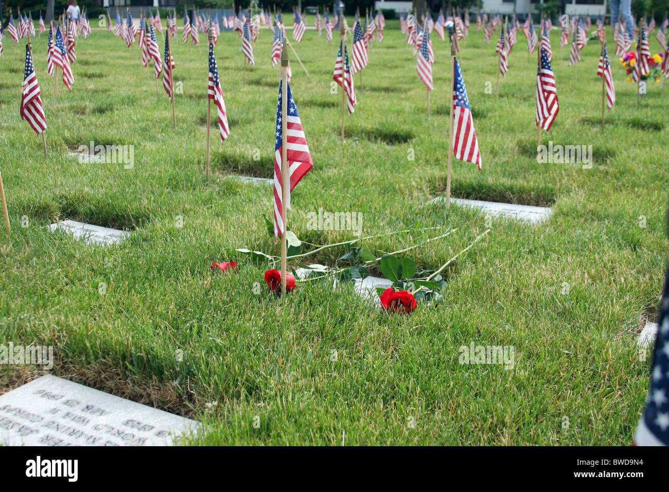 Bandierine americane e le rose sulle tombe a Clemente J Zablocki cimitero dei veterani Wisconsin Foto Stock