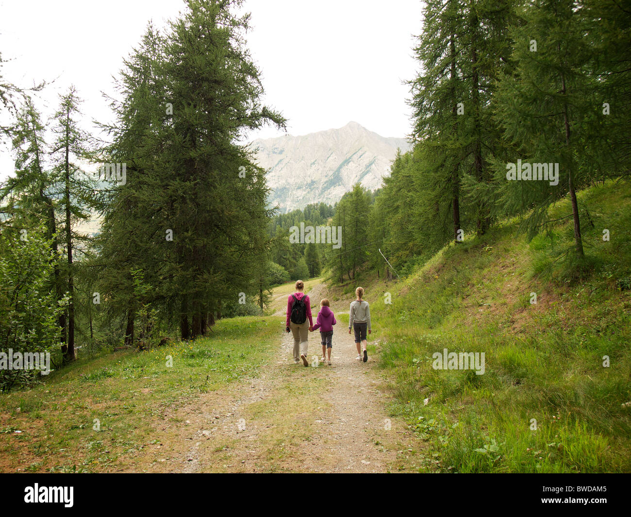 Madre di due bambini figlie camminando nelle Alpi francesi in estate. Les Orres, Francia Foto Stock