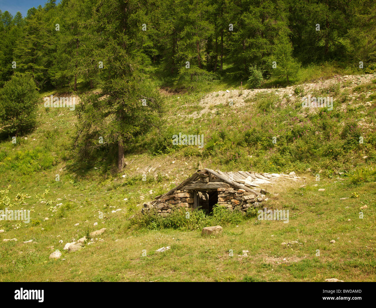 Molto tradizionale vecchio rifugio di montagna capanna cabina, probabilmente utilizzato per gli ovini, in Les Orres, Hautes Alpes, Francia Foto Stock