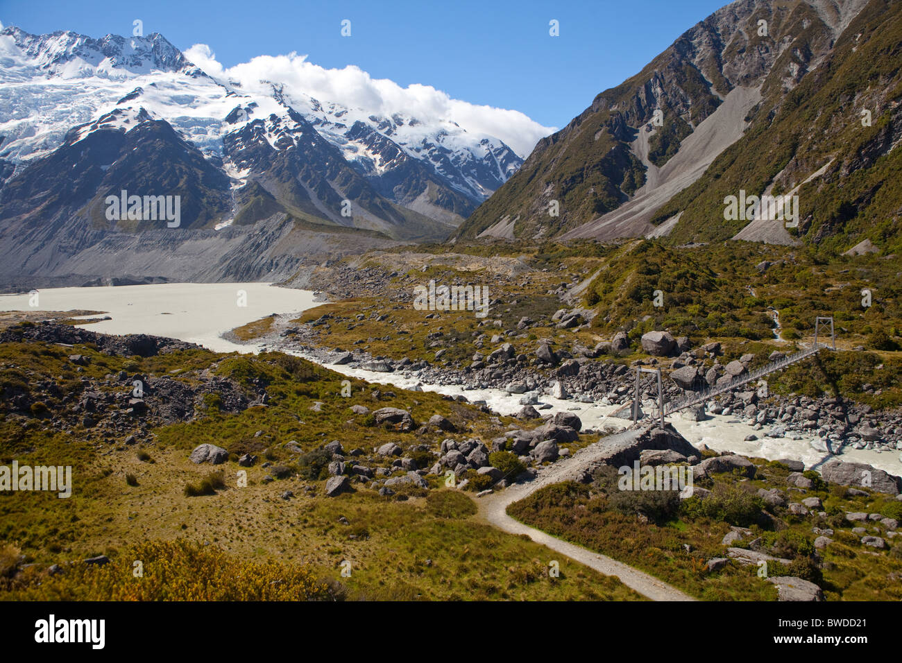 Cercando il Hooker Valley con Mueller lago sulla sinistra Foto Stock