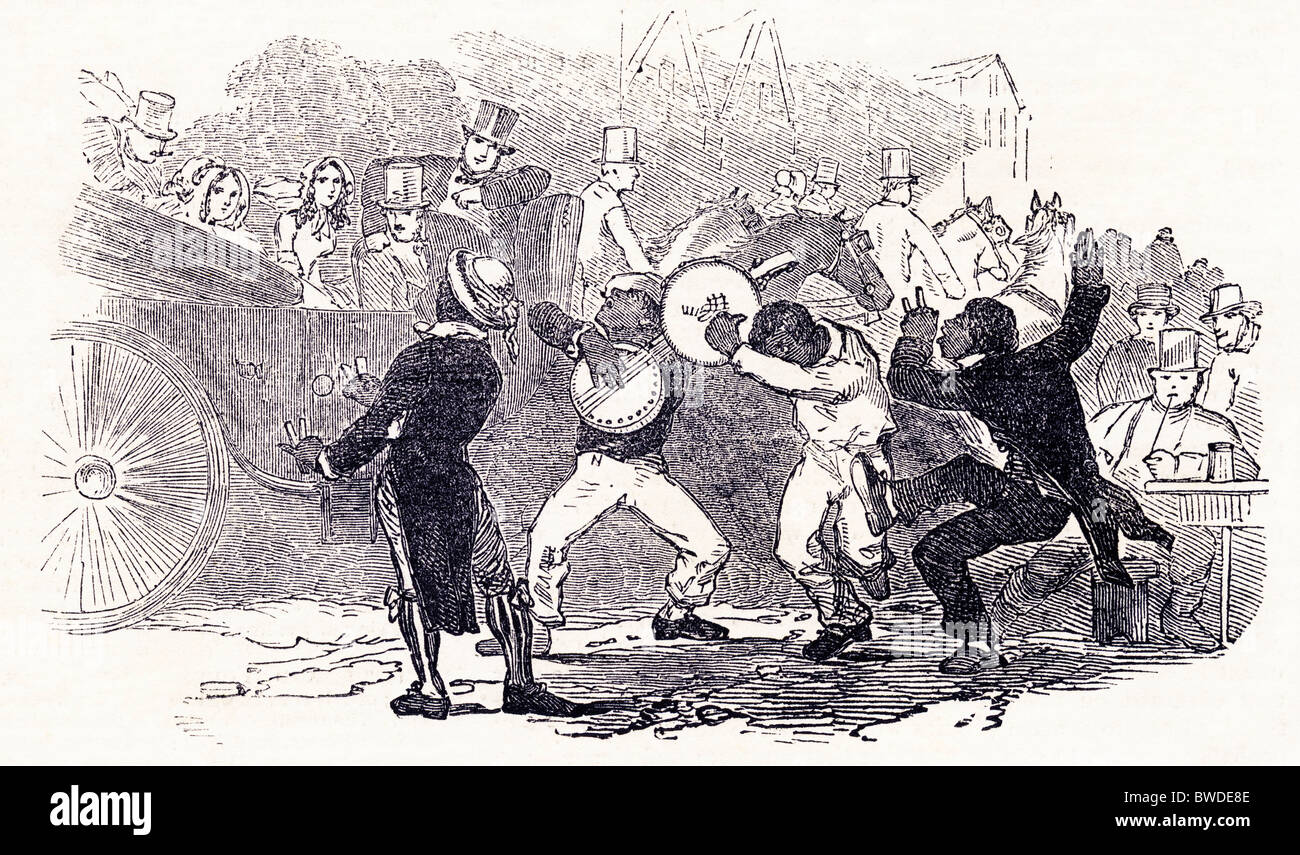 Incisione in stile vittoriano degli Etiopi racegoers divertente al 1849 Derby a Epsom Gare Foto Stock