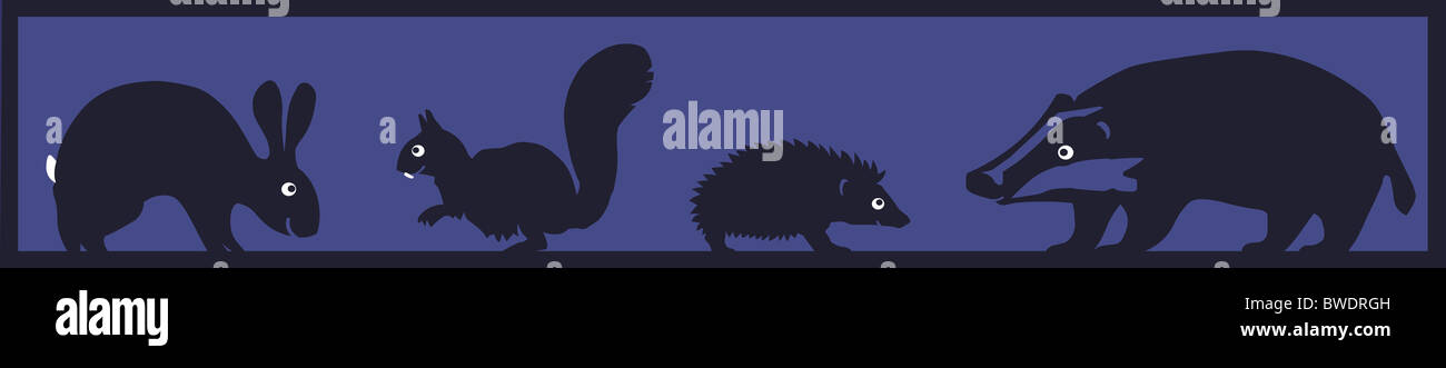 Illustrazione di un coniglio riccio scoiattolo e badger in silhouette notturne Foto Stock