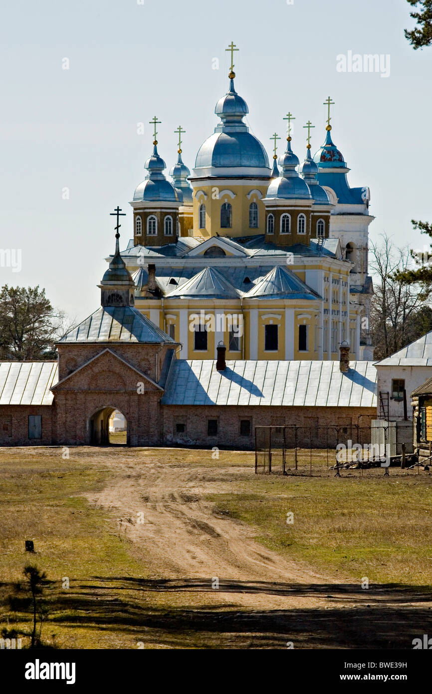 Isola Konevets monastero nel lago Ladoga, Leningrado Russia Foto Stock