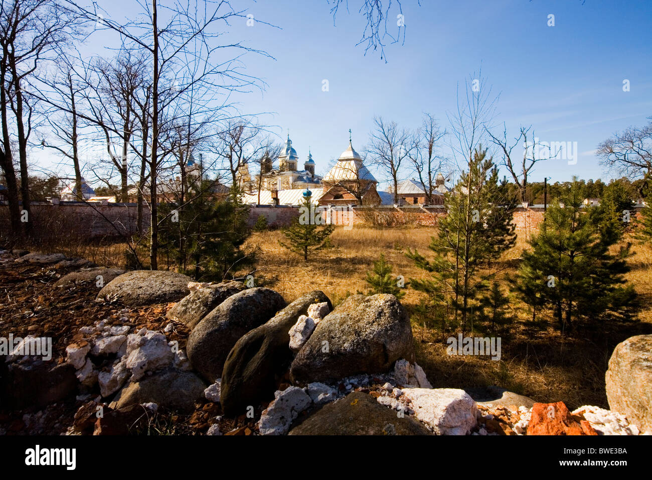 Isola Konevets monastero nel lago Ladoga, Leningrado Russia Foto Stock