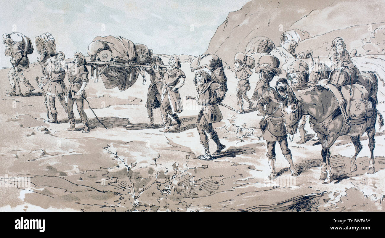 Metodi di trasporto circa del XI secolo. I facchini che trasportano merci in cesti sulle loro spalle. Gli uomini che trasportano merci su una barella..... Foto Stock