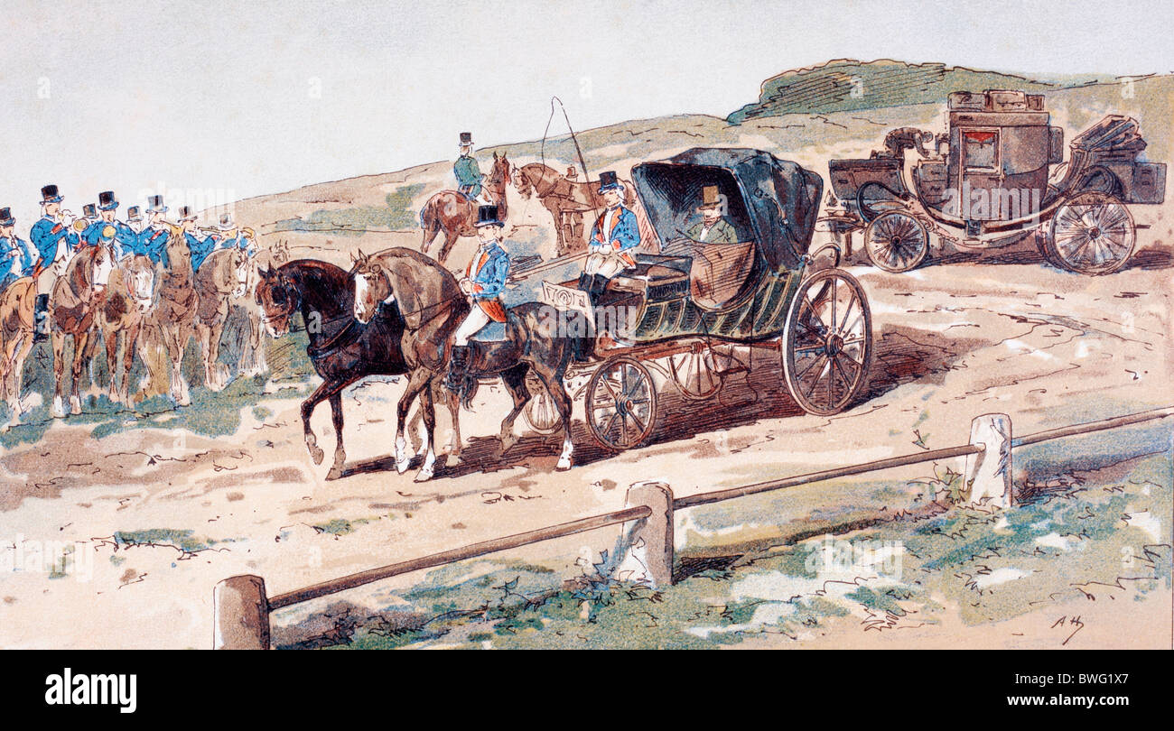 Un postiglione montata su di un carrello a cavallo. Un pullman in background. Foto Stock