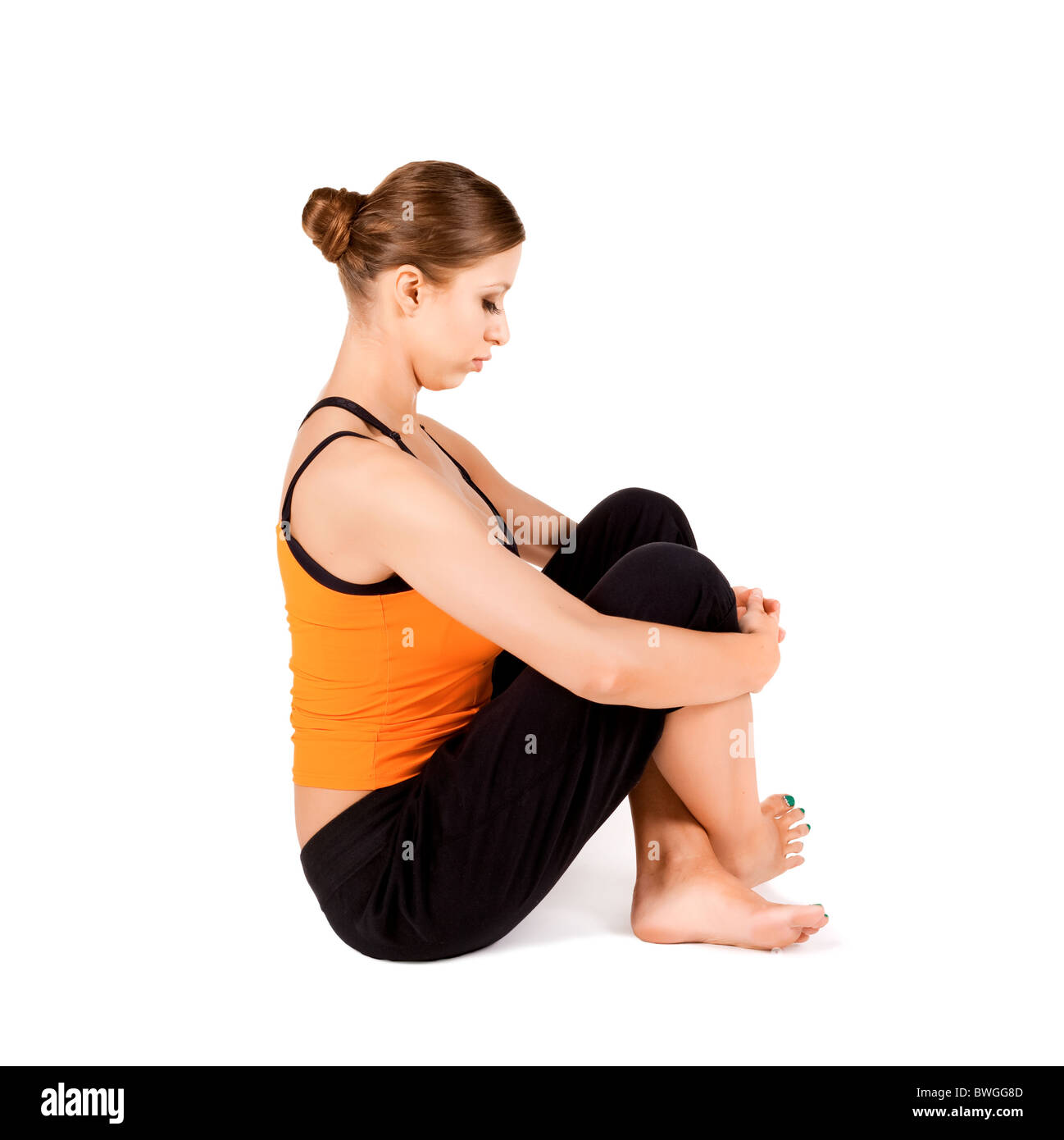 Montare donna collo facendo stretching esercizio buono come un dolore e alleviare lo stress isolati su sfondo bianco Foto Stock