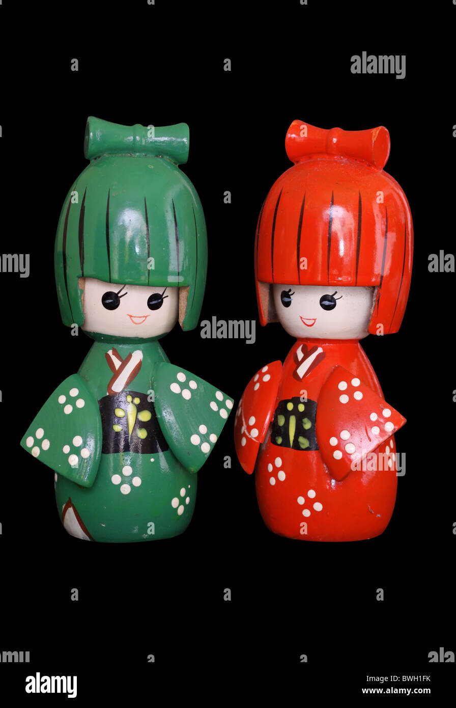 Bambole giapponesi in sfondo nero Foto Stock