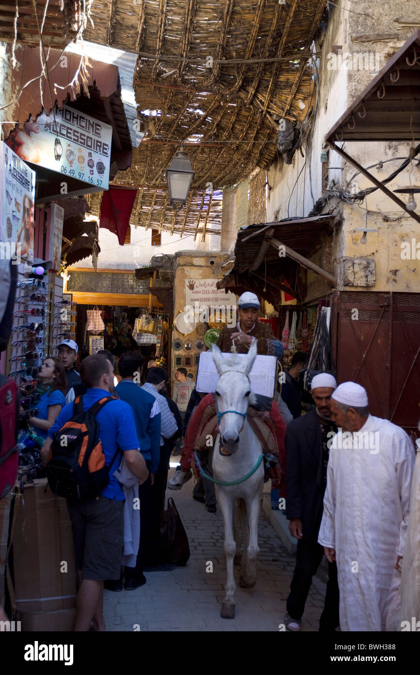 Un uomo che trasportano merci su un cavallo nelle strette strade di Fez Medina,Marocco Foto Stock