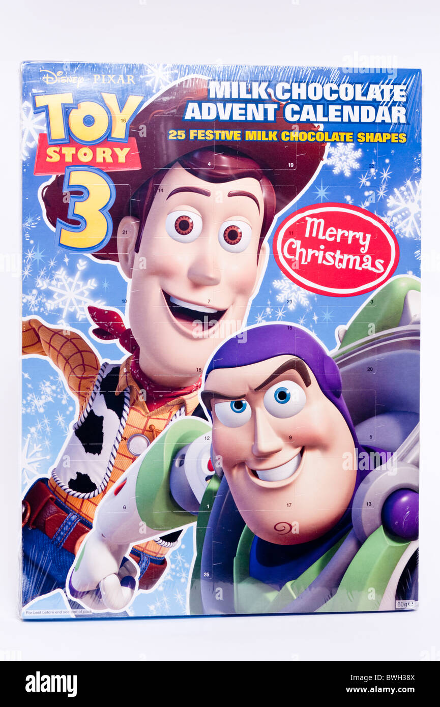 Un Toy Story 3 calendario dell'Avvento con cioccolato su sfondo bianco Foto Stock