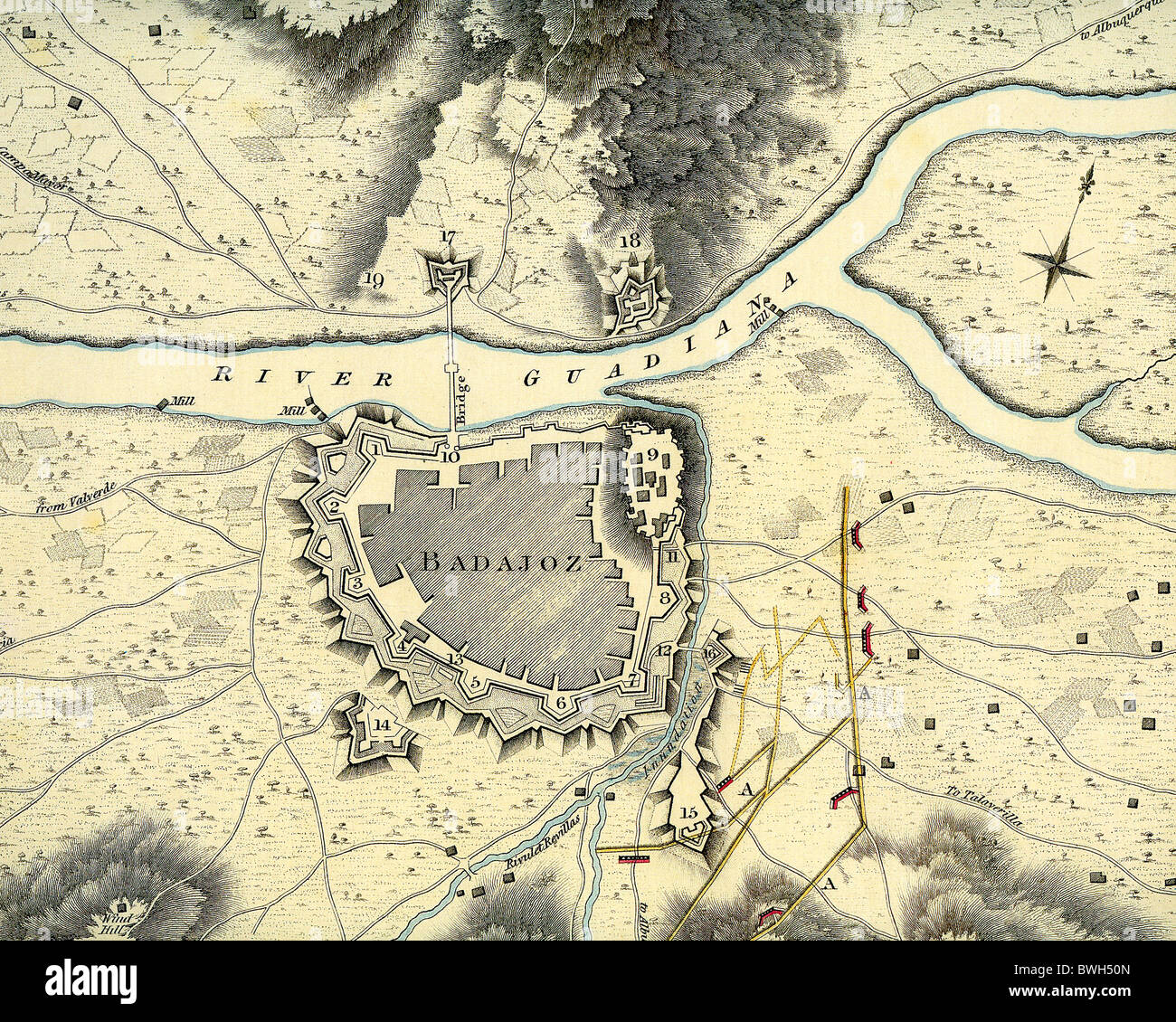 Assedio di Badajoz 1812 mappa che mostra il layout delle città e posizioni di Wellington's esercito prima guarnigione francese si arrese il 6 aprile Foto Stock