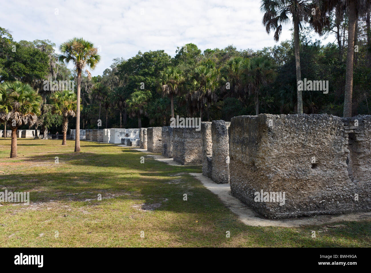Slave case fatte di "tabby" (cemento locale di gusci di ostrica), Kingsley Plantation, Fort George Island, Jacksonville, Florida Foto Stock