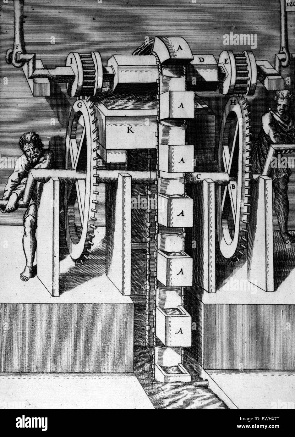 Illustrazione da Theatrum Machinarum Novum 1661 di Georg Andreas Böckler; una catena o una corda della pompa lavavetro o paternoster Foto Stock