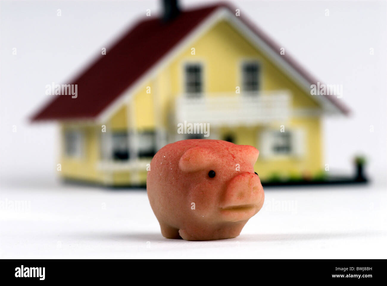 Maiale salvadanaio salvataggio di casa propria home home casa unifamiliare futuro vivendo immobiliare finanzia il denaro Foto Stock