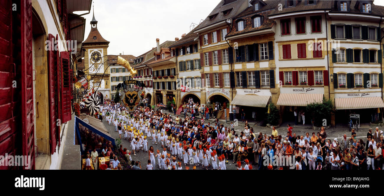 Svizzera Europa canton Friburgo Morat celebrazione battaglia celebrazione solenne Soni delocalizzazione spostare parade Foto Stock