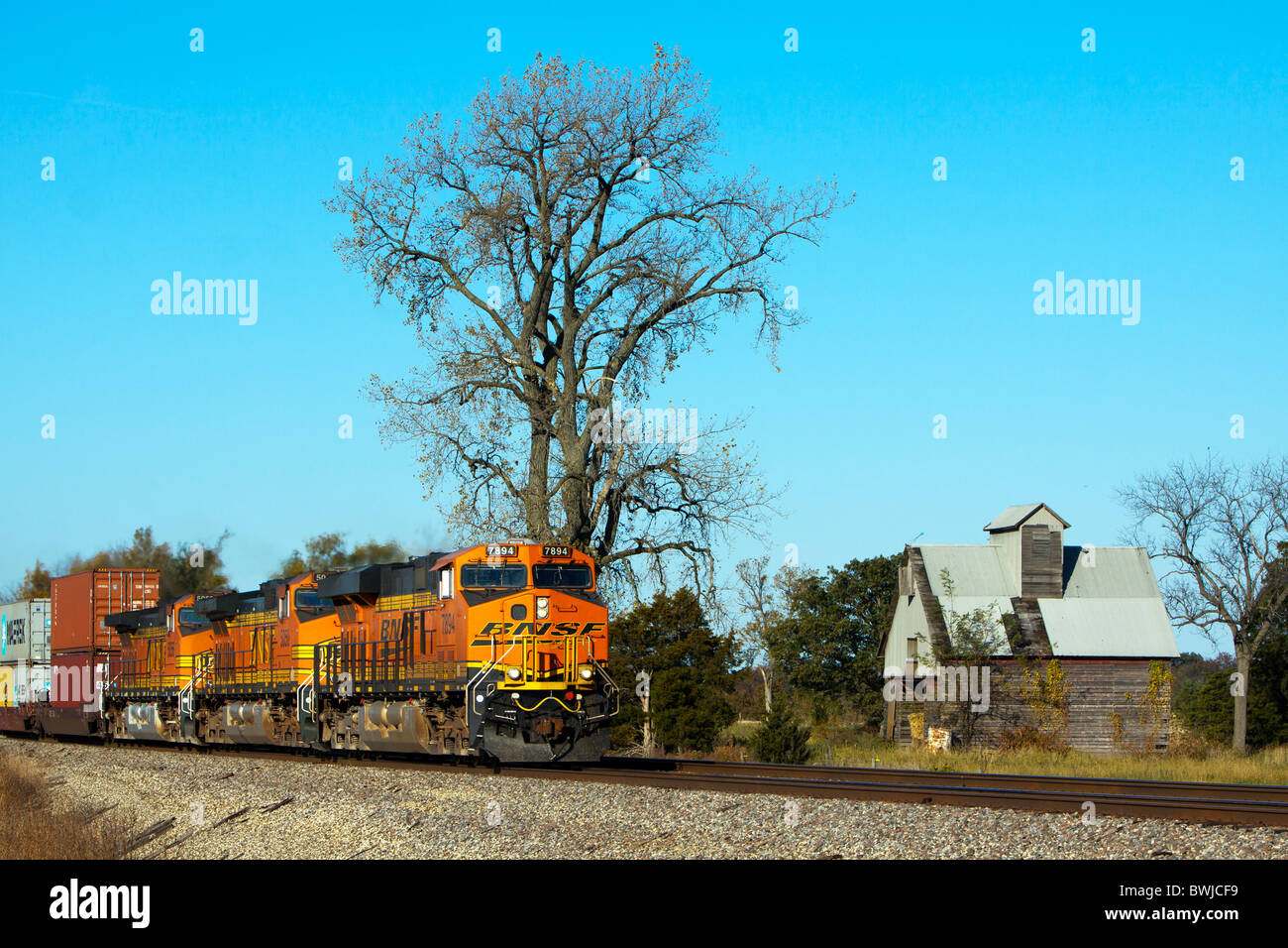 Una ferrovia BNSF treno intermodale in Illinois. Foto Stock