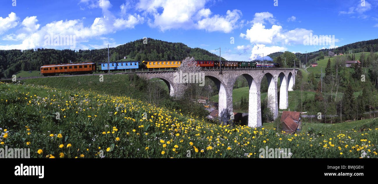 Treno a vapore vicino a Degersheim flower prato primavera viadotto bridge Steam Railway nostalgia ferrovia a vapore il motore Foto Stock