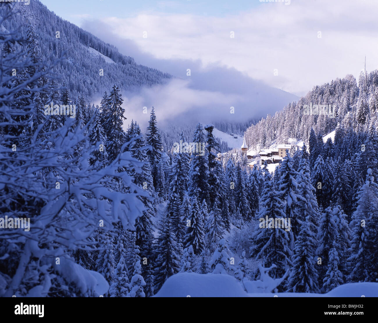 Prattigau Langwies village snowbound coperto di neve fresca neve nevicata legno foresta valle montagne delle Alpi G Foto Stock