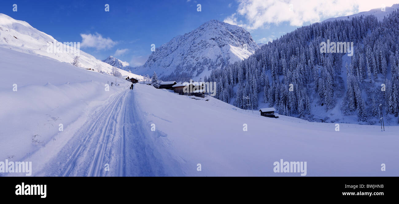 Modo Schanfigg Sapun village snowbound coperto di neve e neve innevato nevicata fresca foresta legno valley mountains Foto Stock