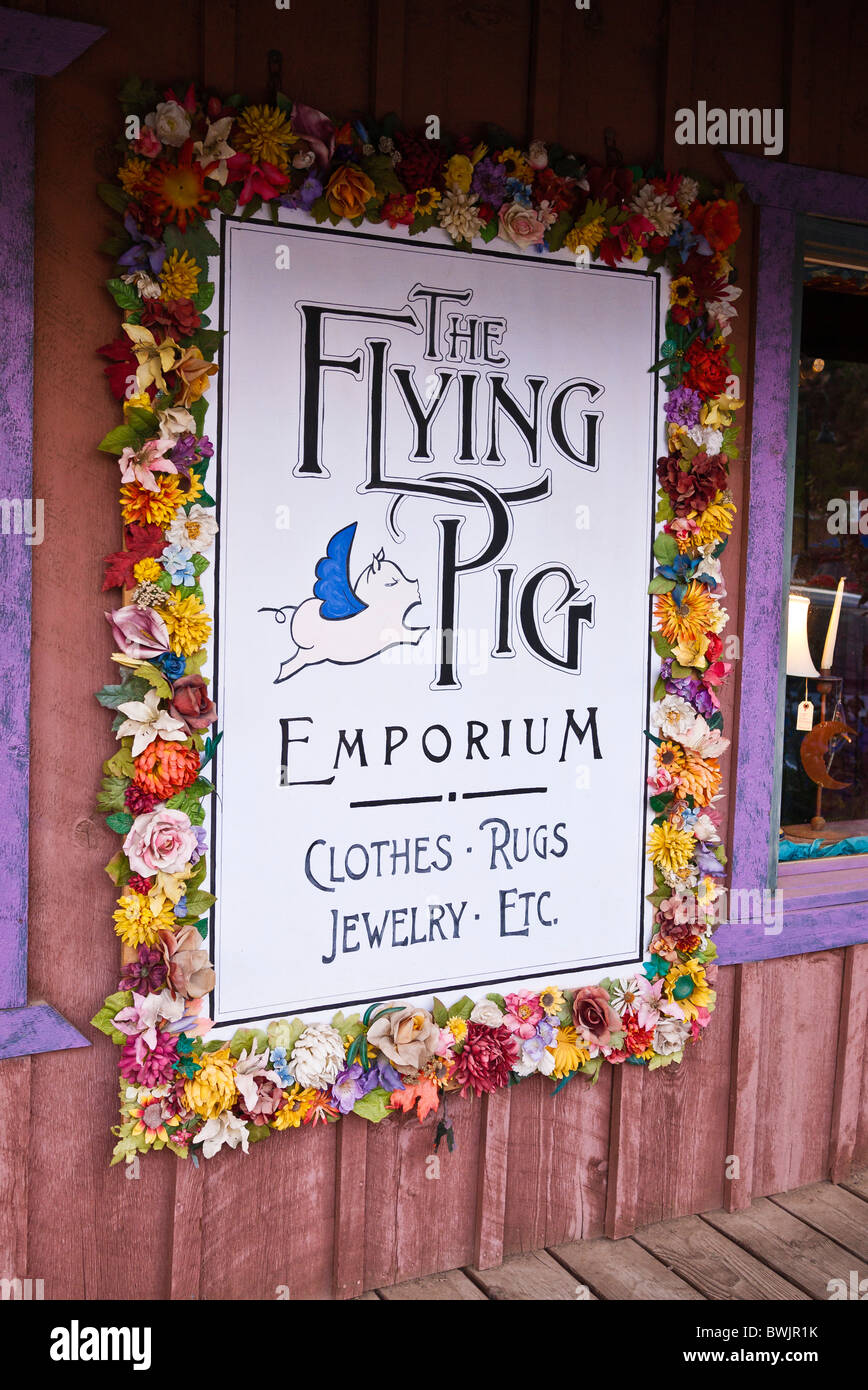 Segno a Flying Pig Emporium, Dolores, Colorado Foto Stock