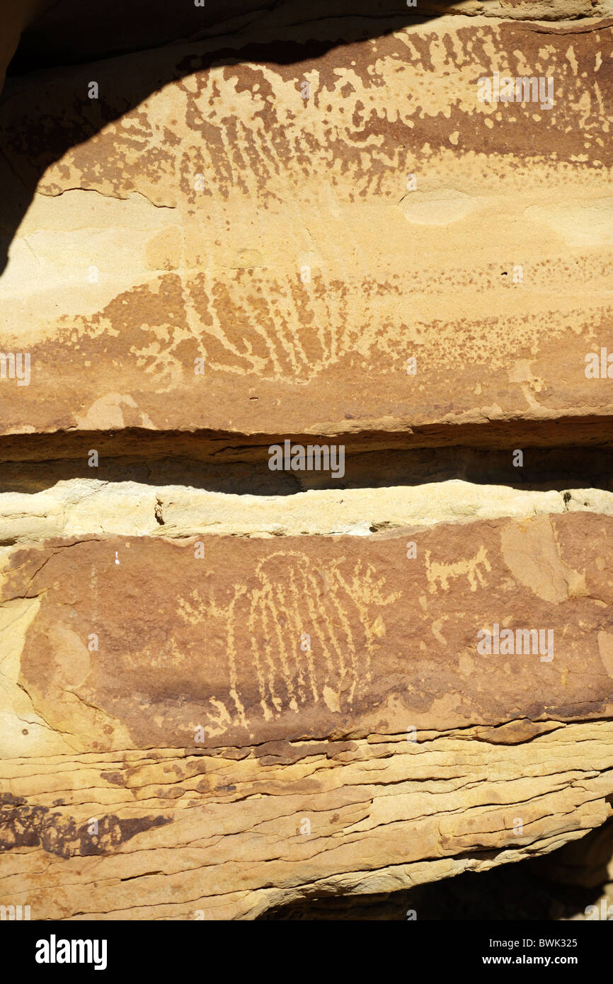 Nativi indiani Maerican petraglyphs su una parete di roccia vicino a Thermopolis in Wyoming, Stati Uniti d'America Foto Stock