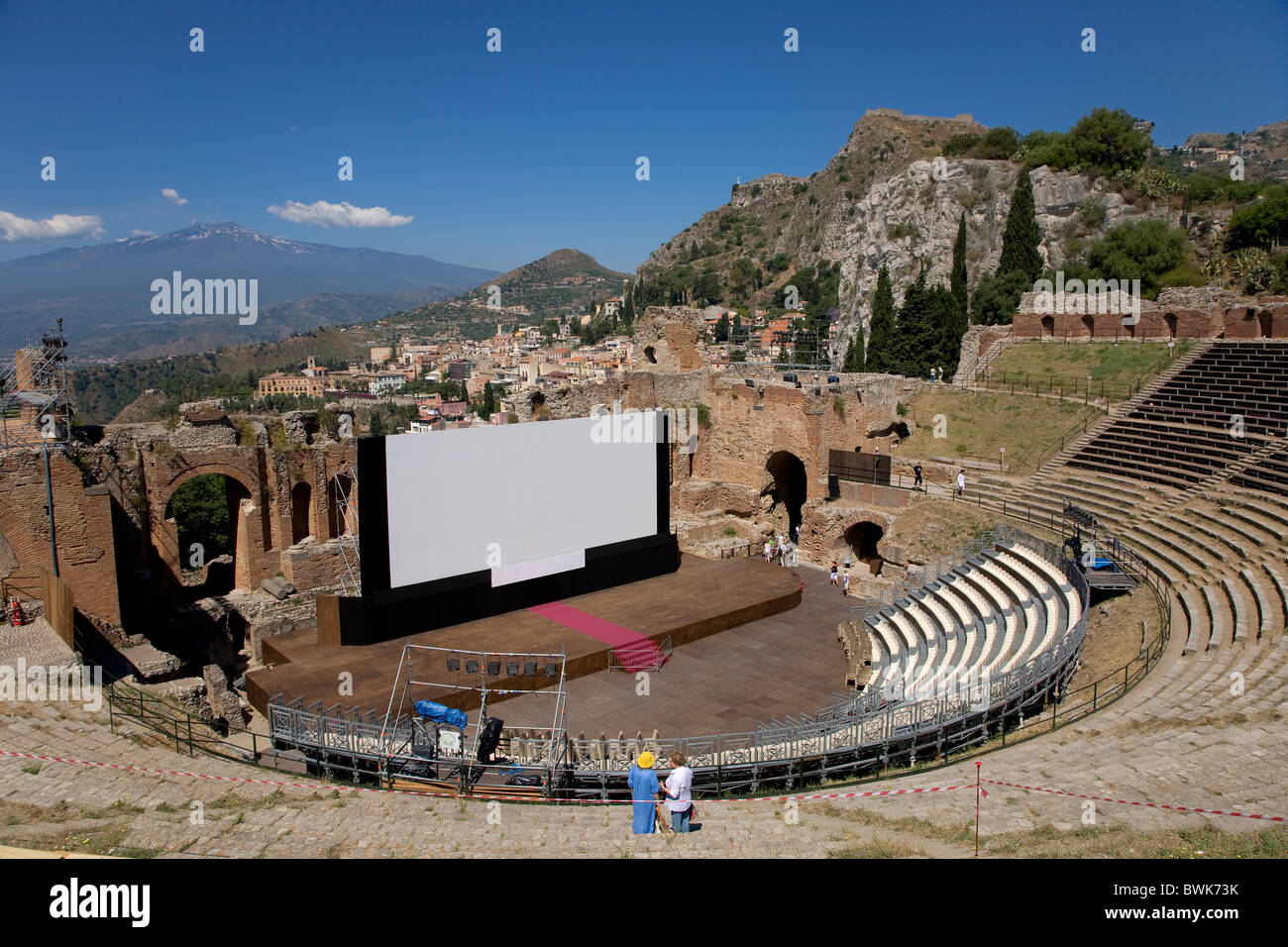 Teatro Greco antico teatro di Taormina, provincia di Messina, Sicilia, Italia, Europa Foto Stock